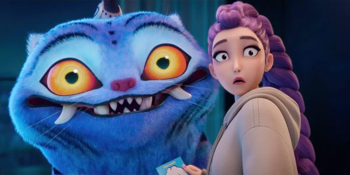 Rumi looking over her shoulder at something in growing horror while derpy cat smiles behind her in KPop Demon Hunters