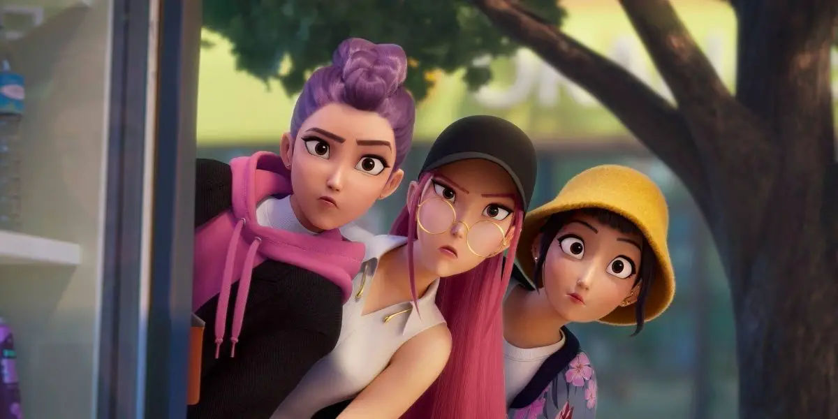 Rumi, Mira and Zoey peeking around a building in KPop Demon Hunters