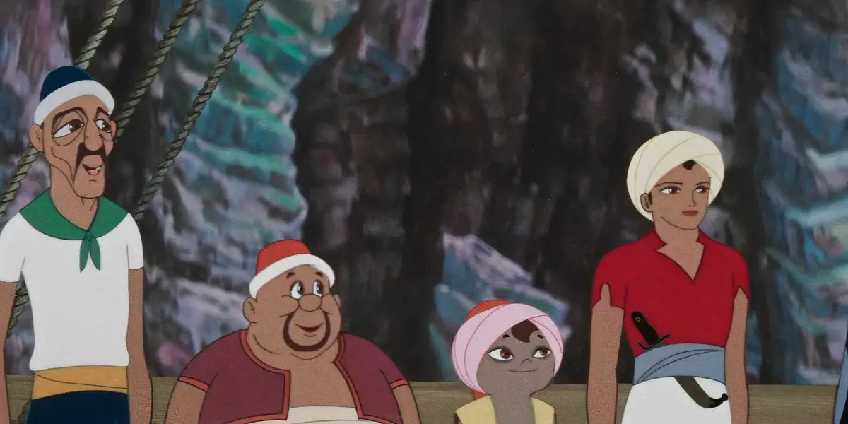 Sinbad and his companions smile while standing next to each other in Arabian Nights The Adventures of Sinbad (1962)