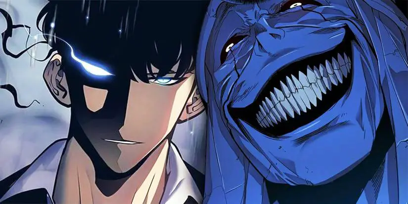 The main protagonist and a grinning monster from Solo Leveling manhwa