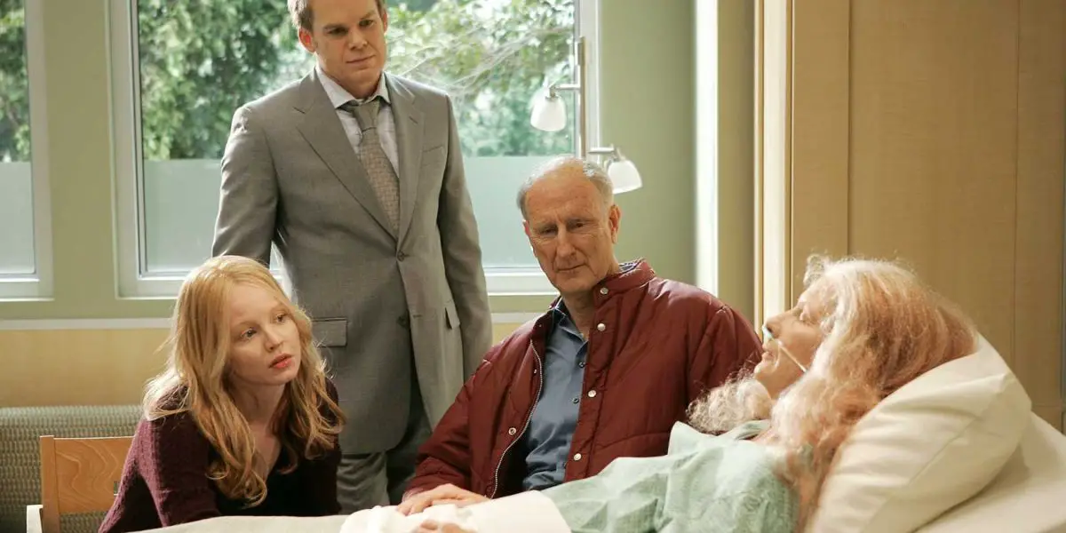 An older Claire and David stand over Ruth's hospital bed in Six Feet Under.
