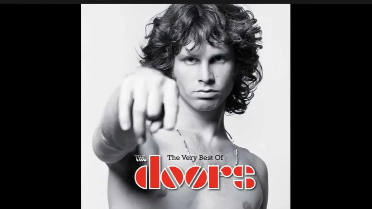 Classic 1960s publicity photo of The Doors featuring lead singer Jim Morrison with a psychedelic color overlay.