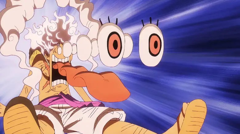 Luffy in Gear 5 form being so spooked his eyes pop out of their socket in One Piece