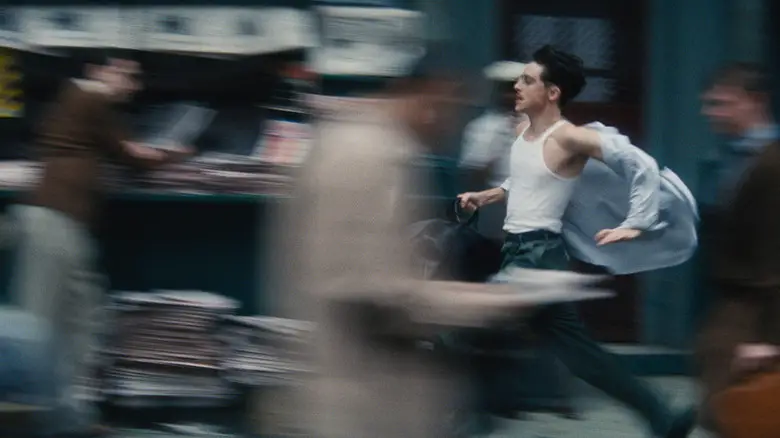 Timotheé Chalamet runs for his life as Marty Mauser in Marty Supreme