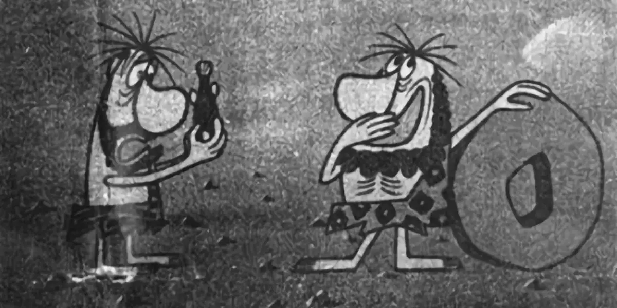 Two cavemen stand next to a stone wheel in Instant History (1961)