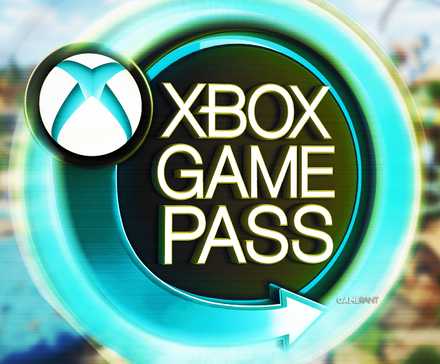 A round, arrow-encircled Xbox Game Pass sign glowing bright blue in front of a slightly blurred screenshot from Planet Coaster 2 featuring a bird's-eye view of a massive water park.