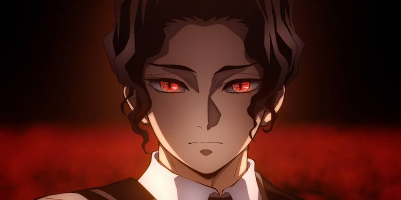 Demon Slayer's Muzan Kibutsuji with his hair pulled back, in front of a red background.