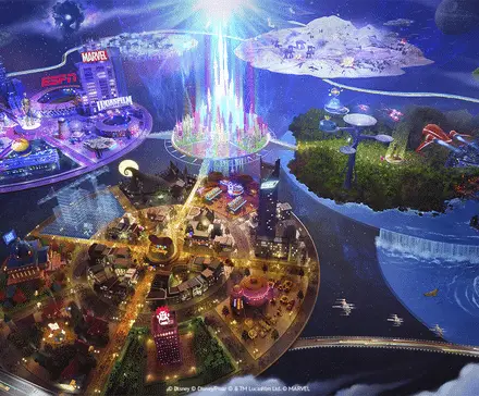 An image of what looks like multiple Fortnite theme parks around a center beam of light.