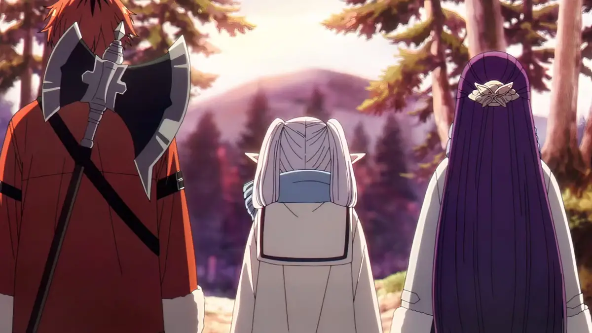 Frieren, Fern, and Stark walking into the forest sunset - Frieren Beyond Journey's End Season 2, Episode 8 anime image
