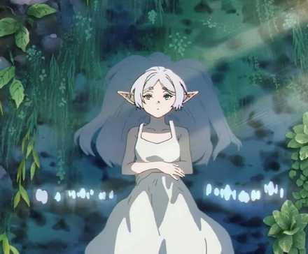 Frieren of Frieren: Beyond Journey's End floating in a stream in her white dress