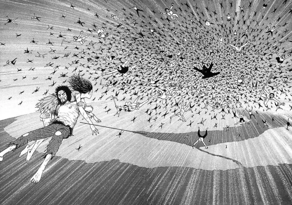 A man rescues a woman from a flying mob in Junji Ito's Remina