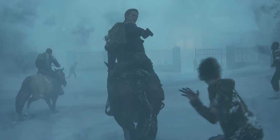 abby on the back of a horse firing at zombies