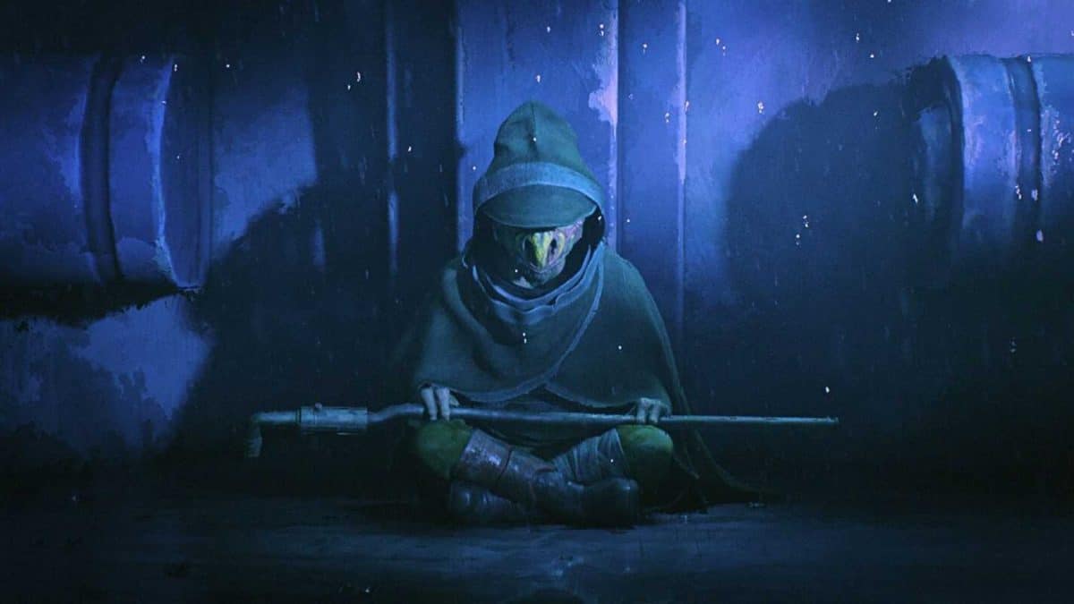 An image from Maul: Shadow Lord featuring Daki, a dinosaur-esque Jedi who sits on the ground. Rain falls around him. He holds a pipe on his lap.