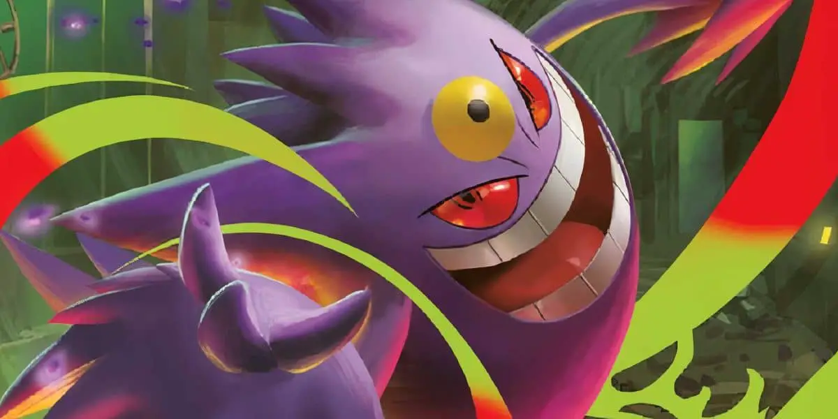 Mega Gengar grins as it attacks in a Pokemon TCG Phantasmal Flames card.