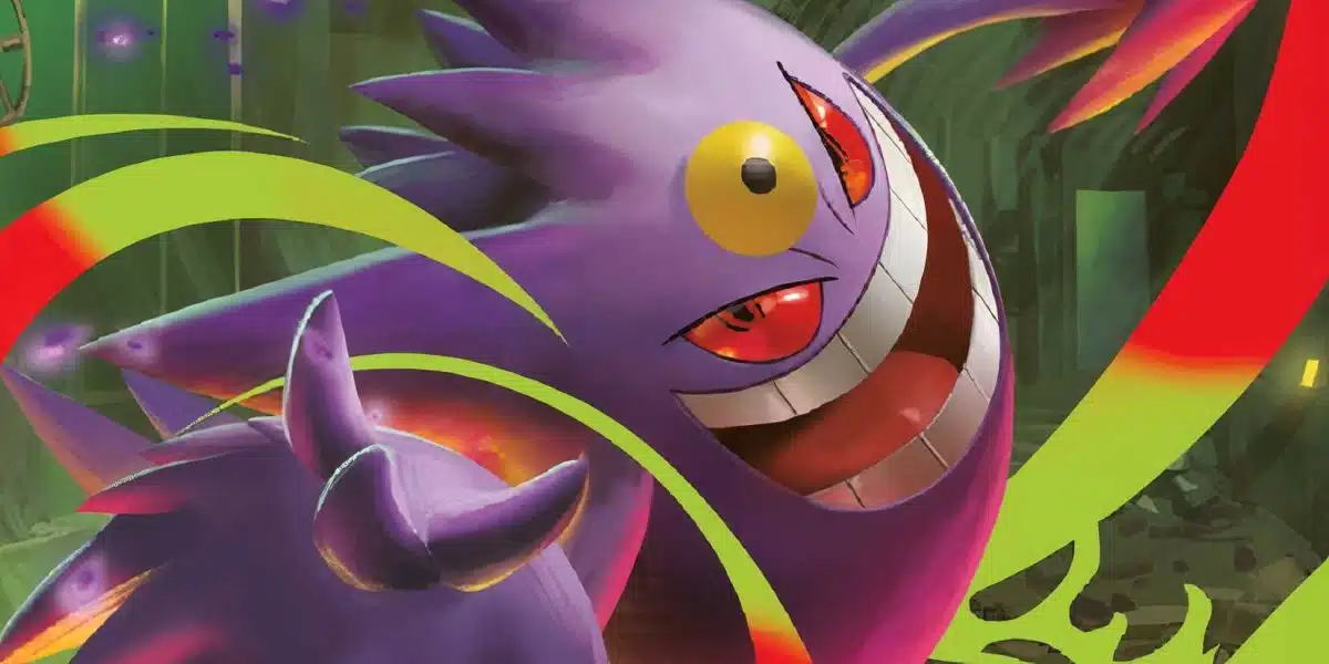 Mega Gengar grins as it attacks in a Pokemon TCG Phantasmal Flames card.