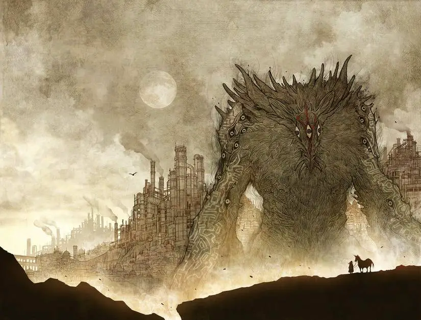A giant beast rises from the ground in front of a steampunk city that almost looks like a factory, on a cover for the Image Comics series Monstress