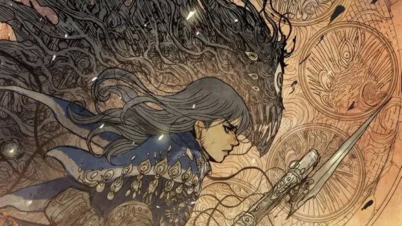 A young woman wielding a blade running next to a monster made entirely of black tentacles and eyes in an image from the Image Comics series Monstress