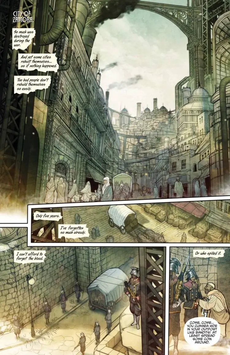 A full page from Monstress issue #1 showing a wagon navigating the dense streets of a steampunk city