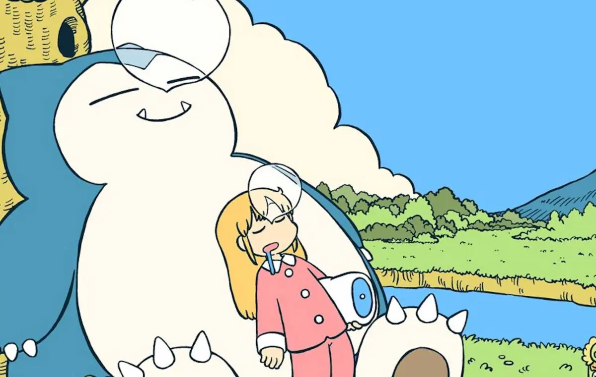 A girl snoozes with a Snorlax