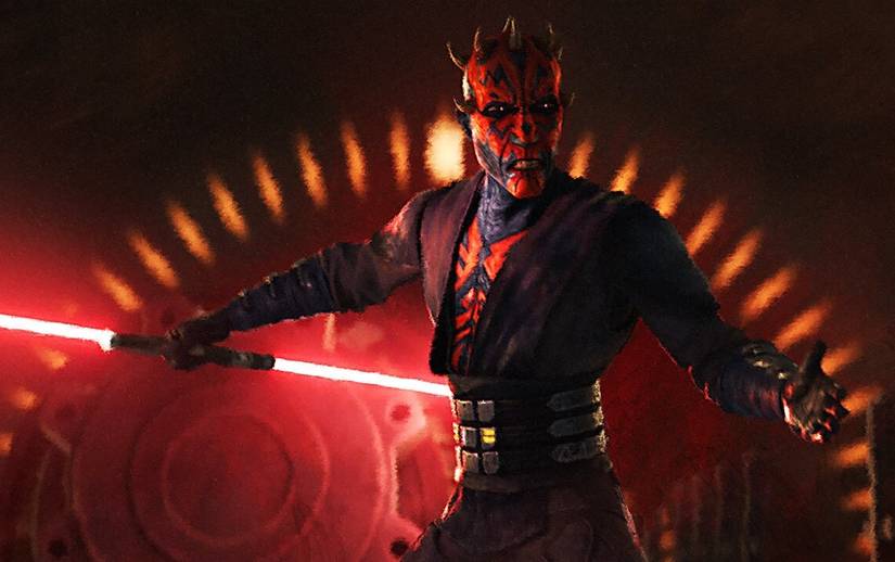 An image of Darth Maul wearing dark robes with his chest on display. A tasteful boob window. He wields a double sided red lightsaber.