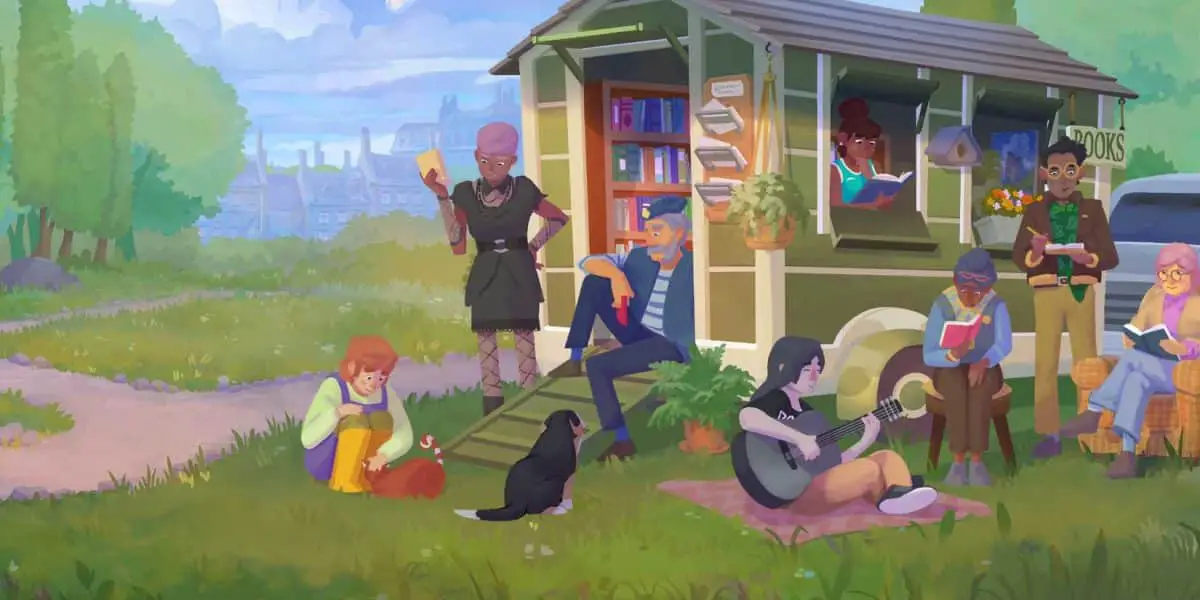 Tiny Bookshop characters sitting outside of the mobile store.