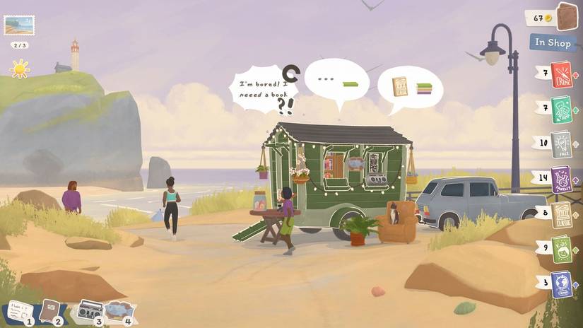 Tiny Bookshop screenshot showing the eponymous store on a beach with prospective customers walking by.