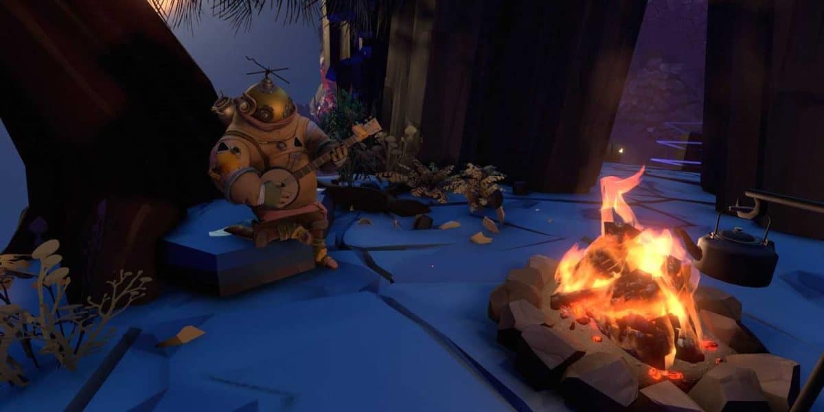 Outer Wilds character playing a banjo at a fire
