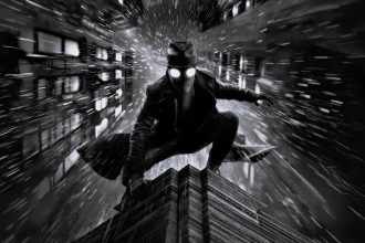 Imagem da série Spider-Noir com estética noir