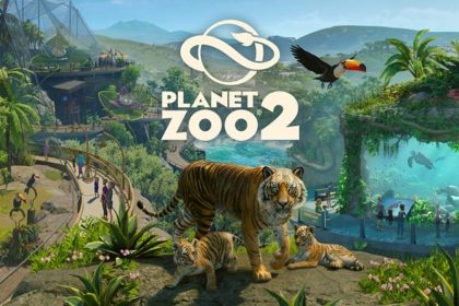 Imagem do jogo Planet Zoo 2 mostrando animais aquáticos e terrestres em um zoológico.