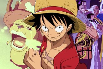Capa do mangá One Piece com protagonistas em ação.