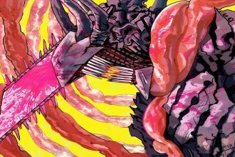 Capa do volume final de Chainsaw Man com Denji em sua forma final.