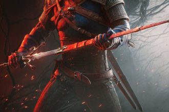 Geralt de Rívia empunhando uma espada na expansão Songs of the Past