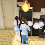 Imagem de um ambiente de jogo em Paralives com eletrônicos e um incêndio virtual.
