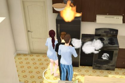 Imagem de um ambiente de jogo em Paralives com eletrônicos e um incêndio virtual.