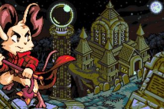Imagem do jogo Mina the Hollower com fundo vibrante e personagens em combate.