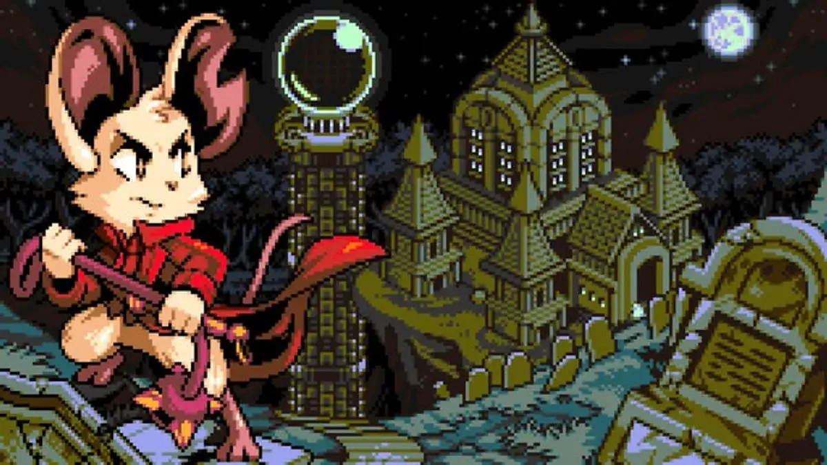 Imagem do jogo Mina the Hollower com fundo vibrante e personagens em combate.