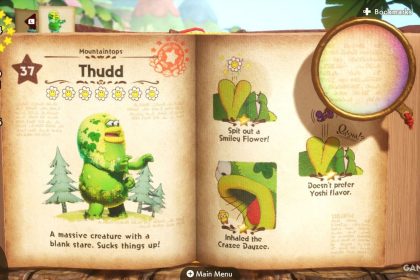 Imagem do Yoshi enfrentando o Thudd em Yoshi and the Mysterious Book