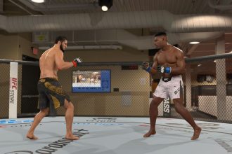 Ilustração de um lutador realizando um takedown no UFC 6