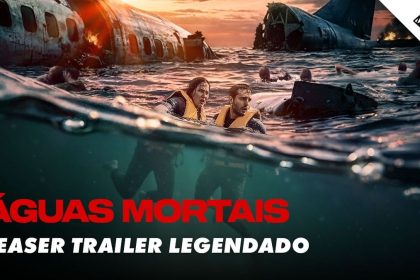 Pôster do filme Águas Mortais com tubarões e cenário de terror.
