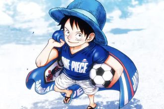Luffy em um chapéu azul ao lado da equipe Samurai Blue