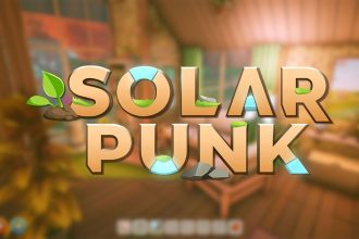 Arte conceitual do jogo Solarpunk mostrando um mundo sustentável.