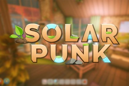 Arte conceitual do jogo Solarpunk mostrando um mundo sustentável.