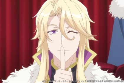 Os protagonistas Melissa e Theodore em um campo de flores no anime 'The Oblivious Saint Can't Contain Her Power'.