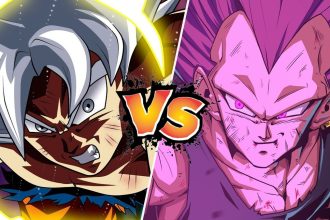 Vegeta e Goku em luta épica em Dragon Ball.