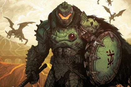 Logo da id Software com fundo de jogo