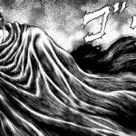 Arte de Guts lutando com a Dragon Slayer em um ambiente sombrio.
