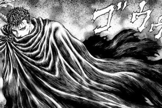 Arte de Guts lutando com a Dragon Slayer em um ambiente sombrio.