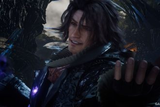 Arte de Final Fantasy XV com personagens em aventura