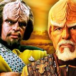 Worf de Star Trek em um cenário sombriamente iluminado