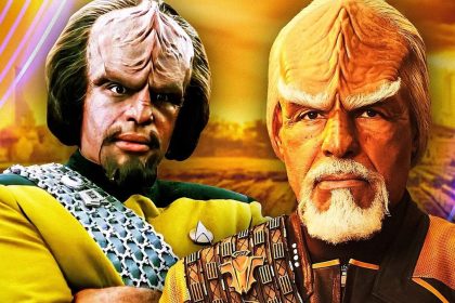 Worf de Star Trek em um cenário sombriamente iluminado